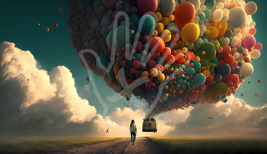 Colorful balloons make a car float away
