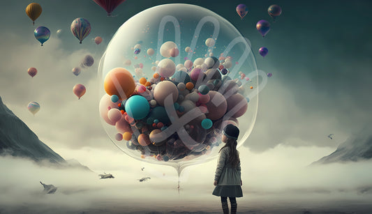 Girl looks at colorful balloons in big bubble